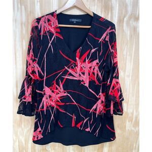 Calesas grunge top Y2K blouse tropical floral red black lace whimsy goth women L